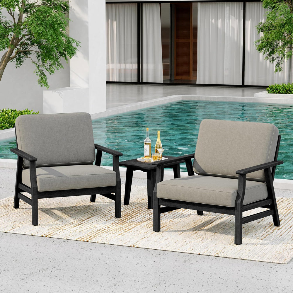 3 Piece Wood Patio Chair Outdoor Bistro Set, Outdoor Armchair All Weather Pat...
