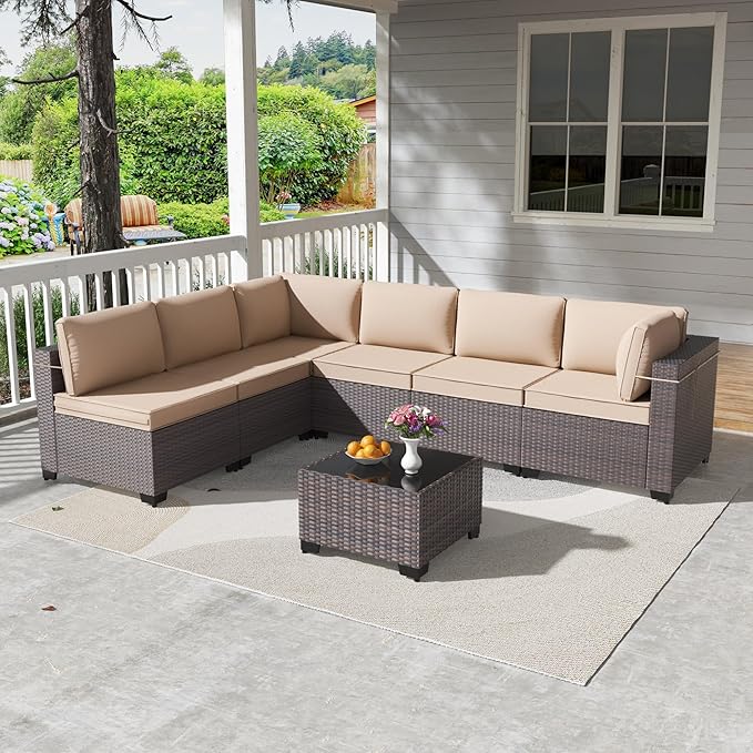 Kullavik 7 Pieces Outdoor Patio Furniture Set PE Wicker Rattan Sectional Sofa...