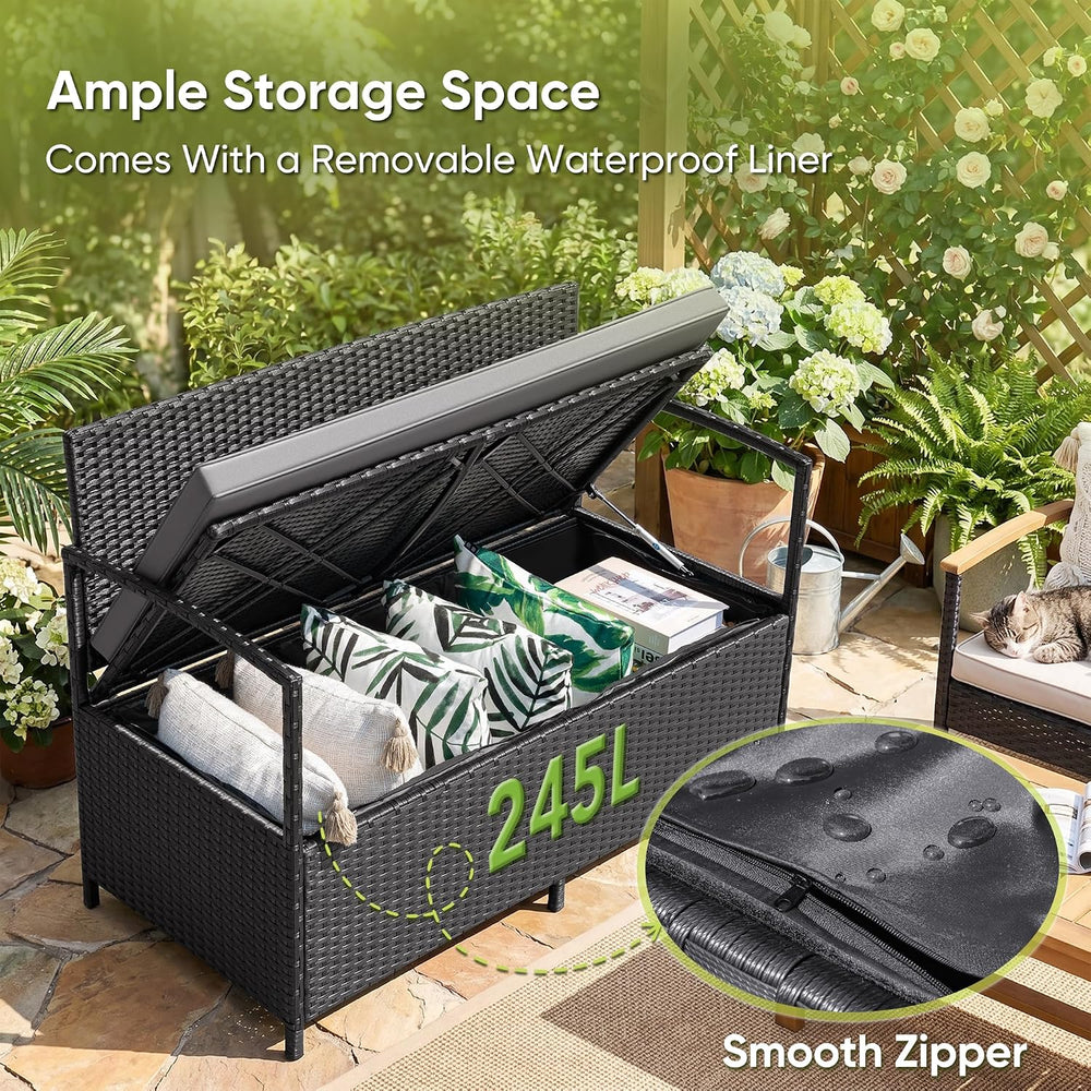 Flamaker Patio Loveseat Wicker Outdoor Furniture Storage Bench, Black