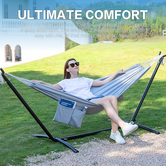 PNAEUT Double Hammocks with Stand for Outside, Portable Space Saving Heavy-Du...
