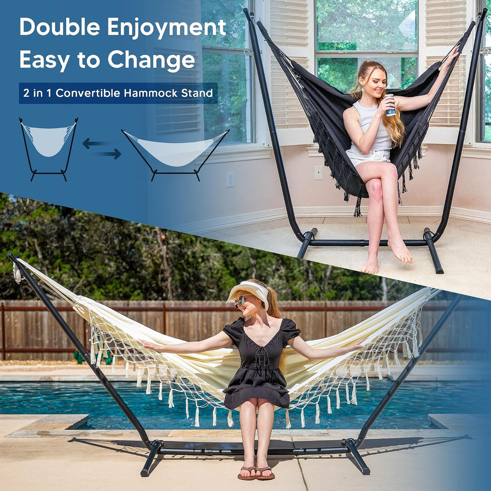 2-in-1 Convertible Portable Hammock with Stand, Natural Tassel