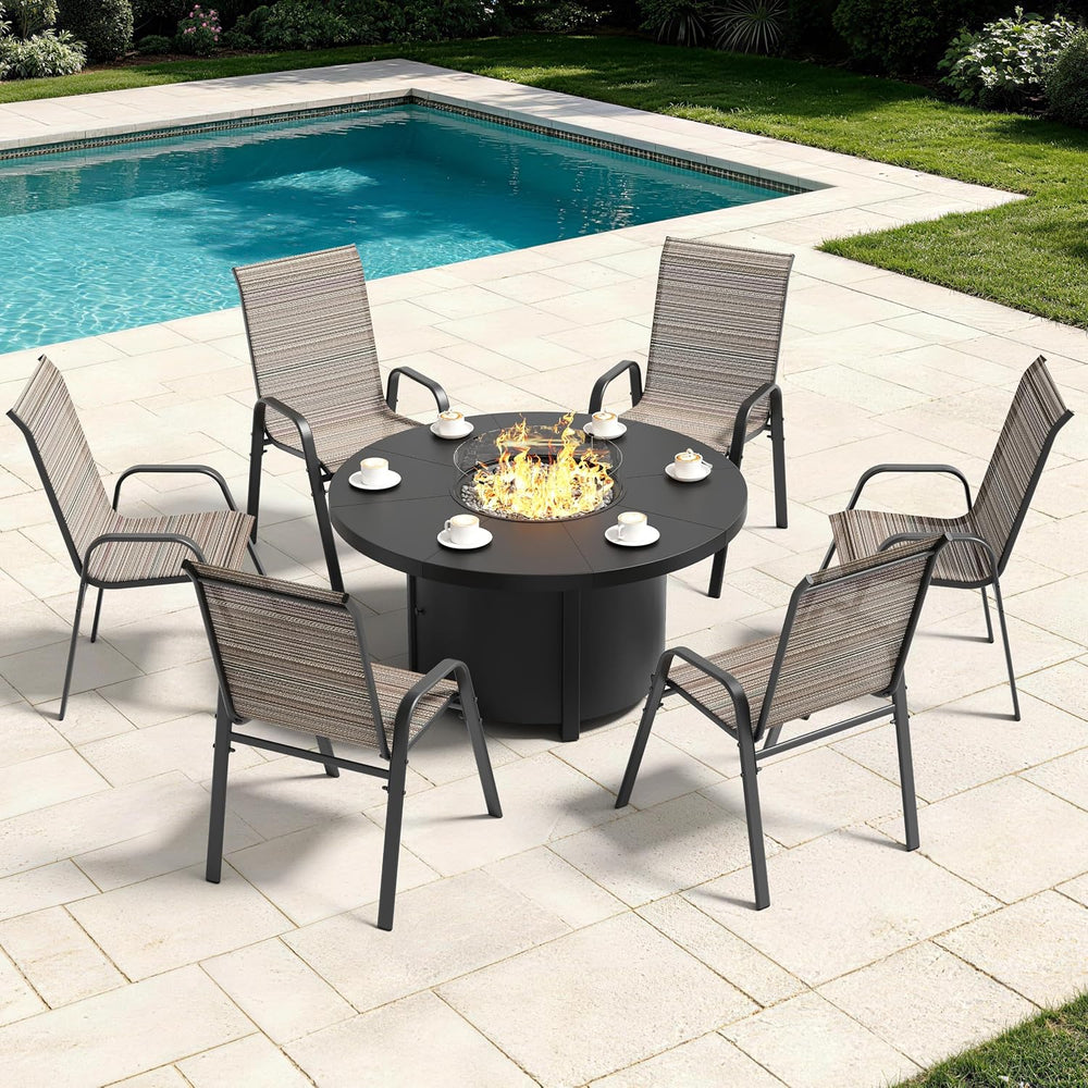 7 Pieces Outdoor Patio Furniture Set with 48" 55000 BTU Round Propane Fi...