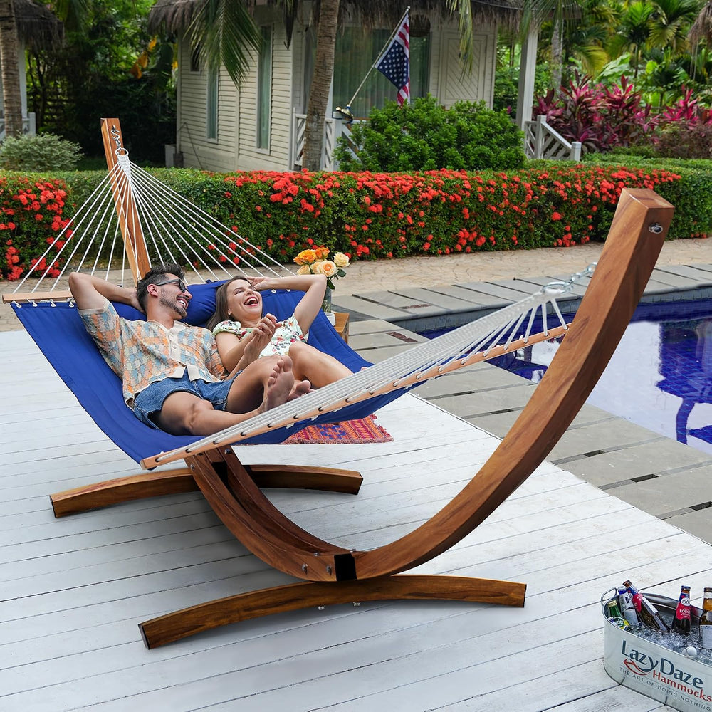 Lazy Daze Double Quilted Hammock with 13 ft Curved Steel Wood Grain Stand