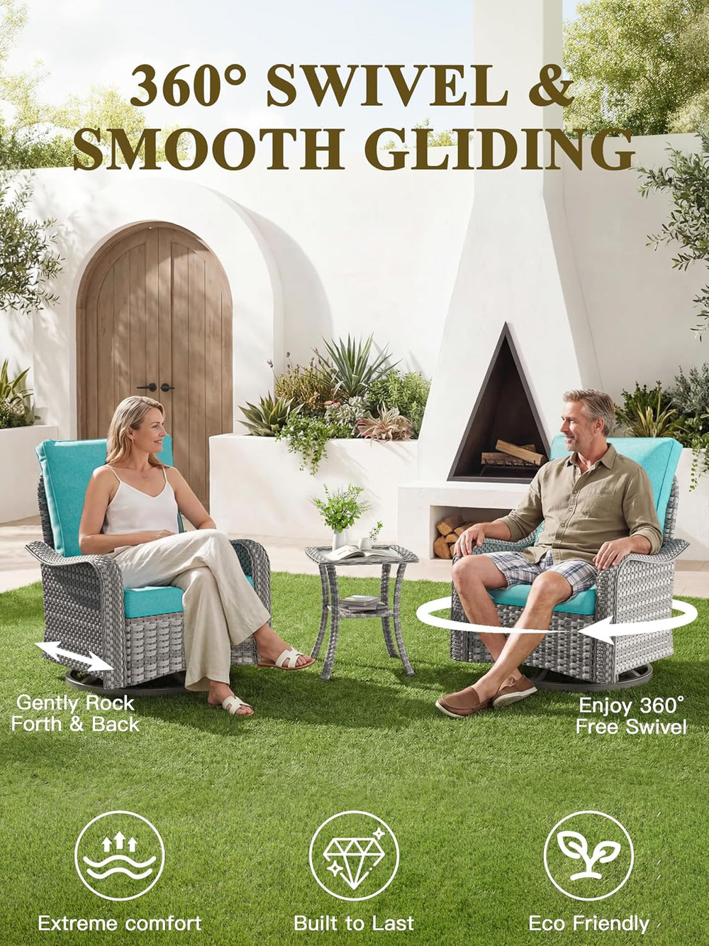 3-Piece Patio Furniture Set, Outdoor Swivel Rocking Chairs
