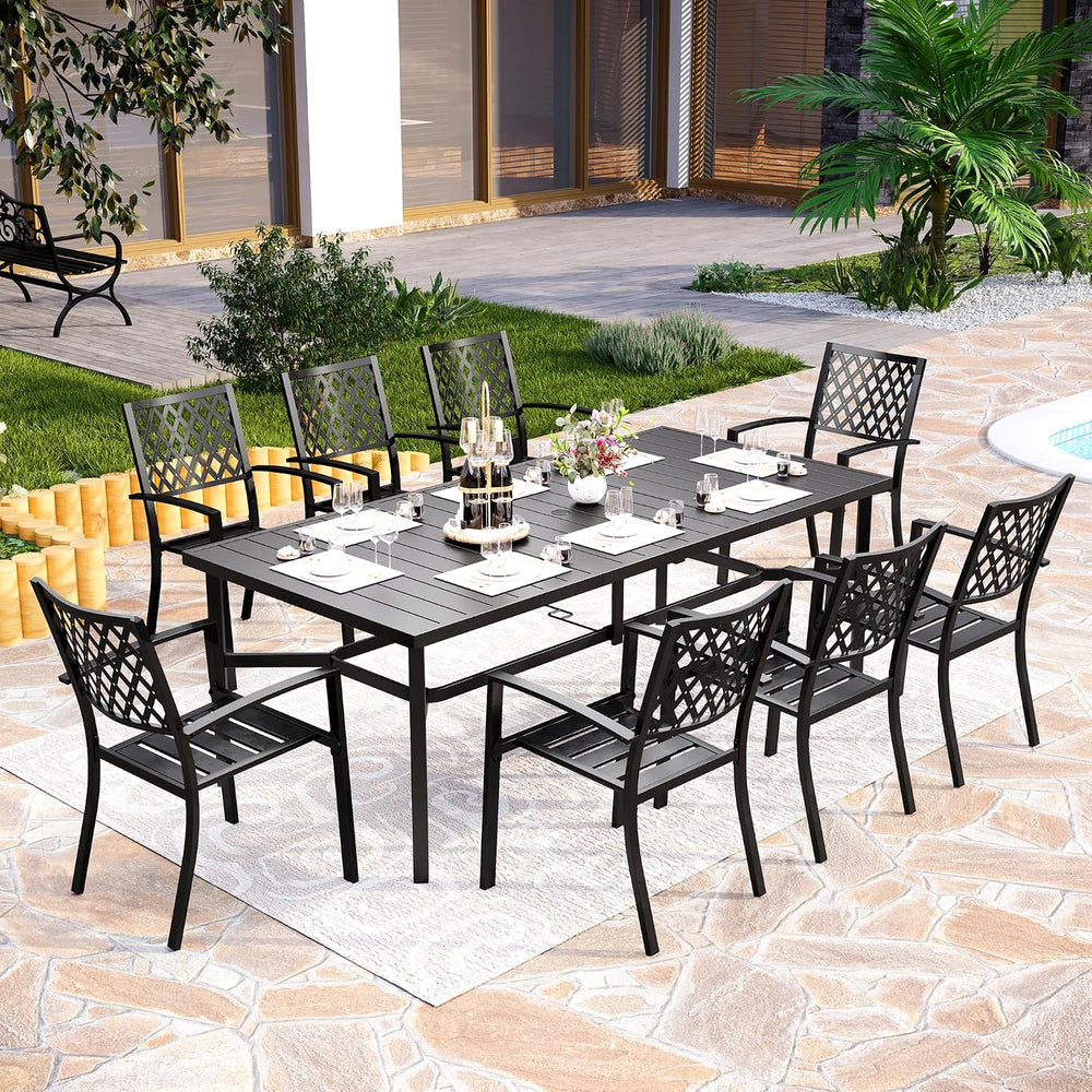 PHI VILLA 9 Pcs Outdoor Dining Set for 8,83" Rectangular Metal Table, Black