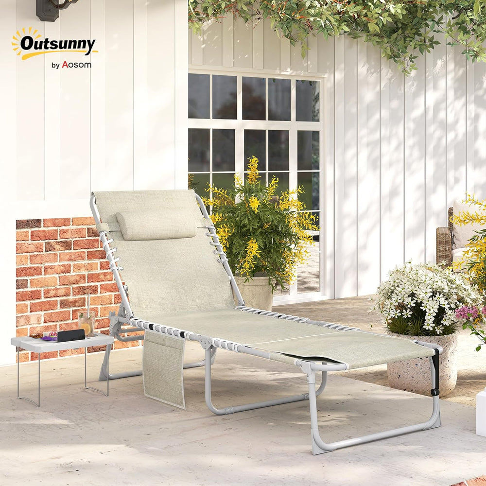 Outsunny Tanning Chair with Face Hole Breathable Mesh Beige | Side Table, Fol...