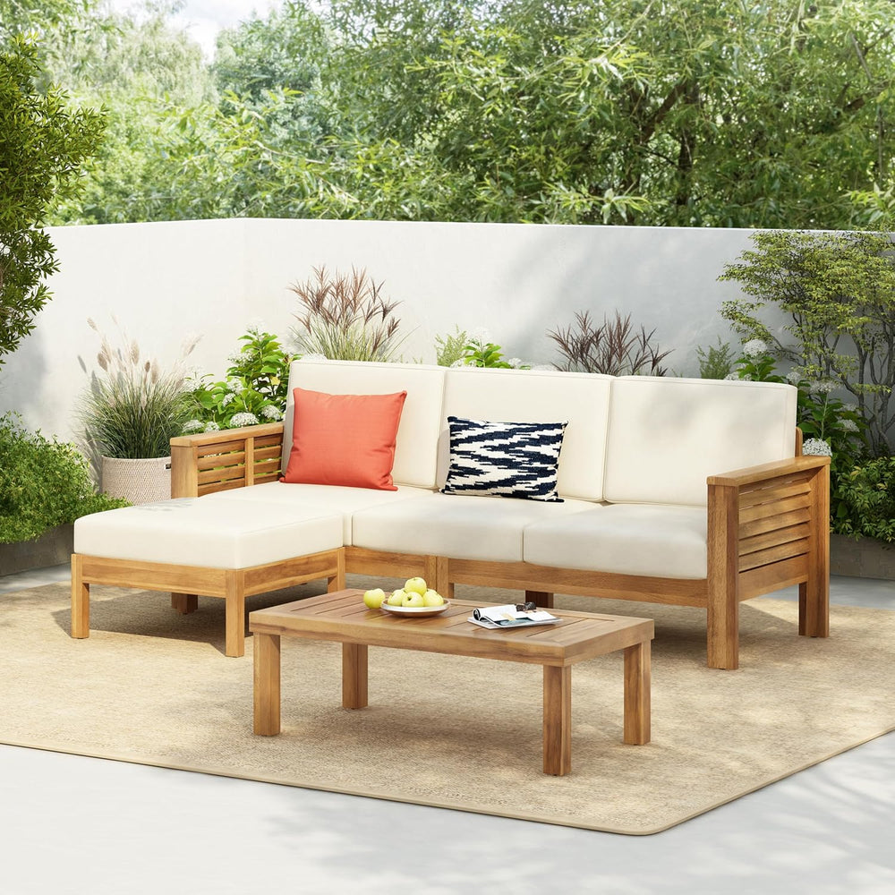 Merax 3 Piece Acacia Wood Patio Furniture Set, Outdoor Sectional Sofa Set wit...