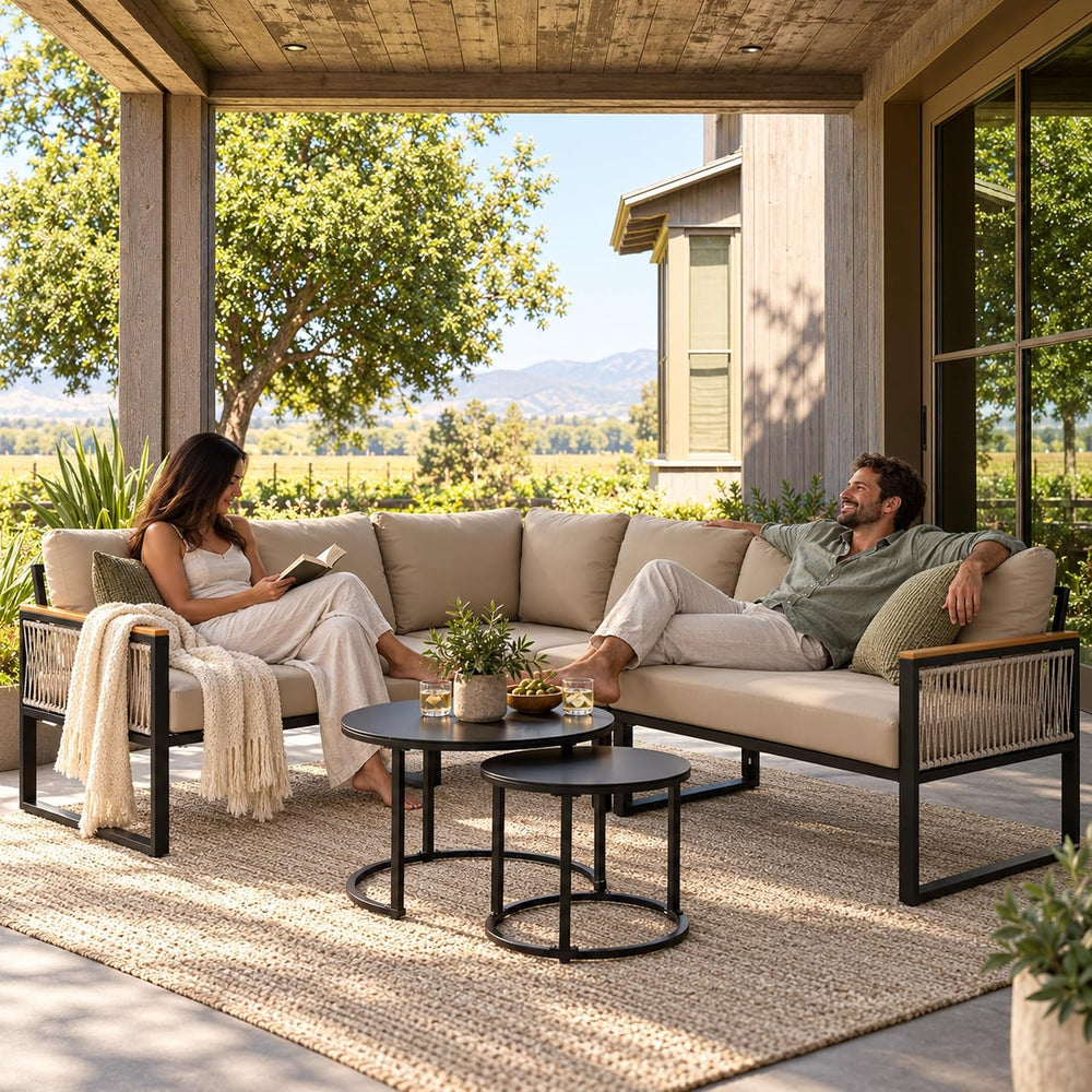 7 Piece L-Shaped Outdoor Sectional Wicker Sofa with Nesting Coffee Table