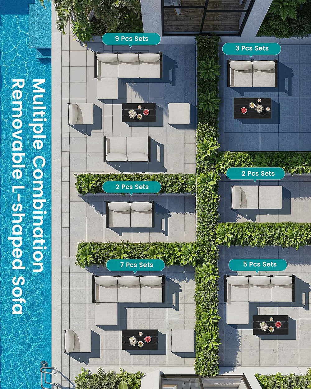 SERWALL 5 Piece HDPE Patio Sofas Set with Ottoman and Coffee Table, Black