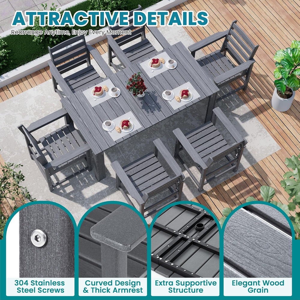 Dining Table Set, 7-Piece HDPE Outdoor Dining Set for 6, Gray