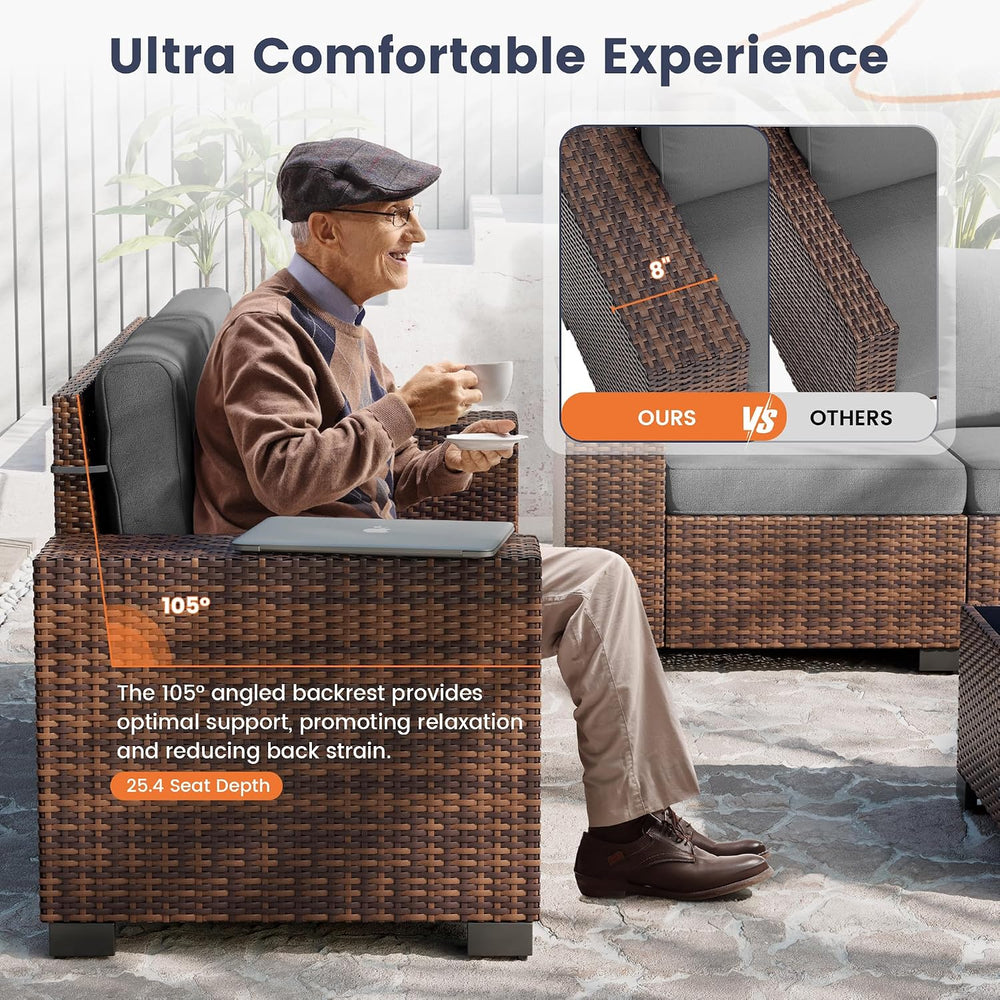 UDPATIO Outdoor Patio Furniture Set, Wicker Sectional Sofa, 8" Wide Armrest
