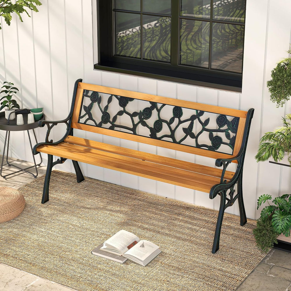 GIANTEX 49.5" 3-Person Outdoor Bench with Floral Pattern Backrest