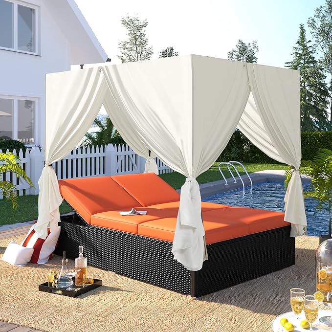 Patio Chaise Lounge, PE Rattan Outdoor Patio Wicker Sunbed Daybed with Adjust...