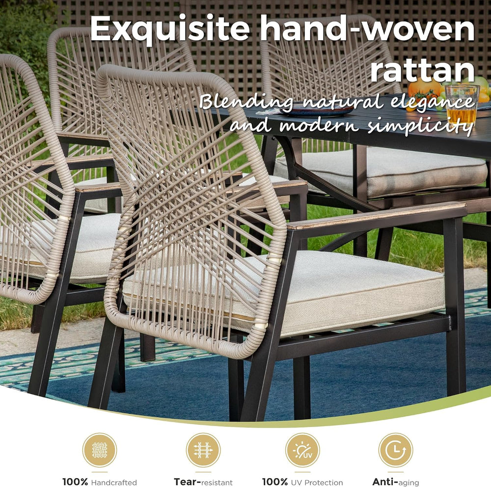 9pc Patio Dining Set, 83" Rectangular Metal Table, 8 Rattan Chairs