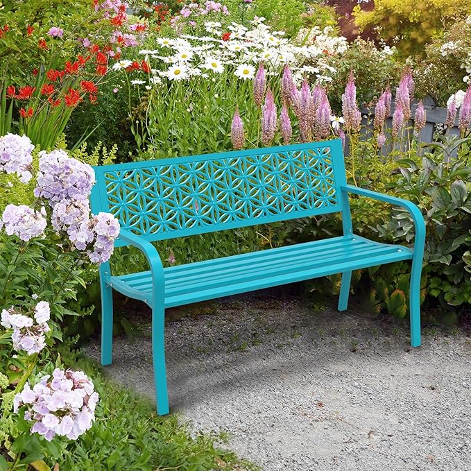 VINGLI 50" Outdoor Bench Metal with Floral Back, Garden Bench Front Porc...