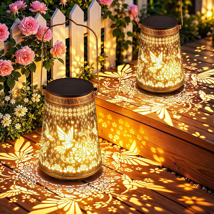 2 Pack Solar Lanterns Outdoor Waterproof Birthday Gifts for Women Mom Grandma, Hollowed-Out Metal Hummingbird Hanging Solar Lantern Lights Garden Decor, 2 Modes Hanging Solar Lights for Yard, Patio
