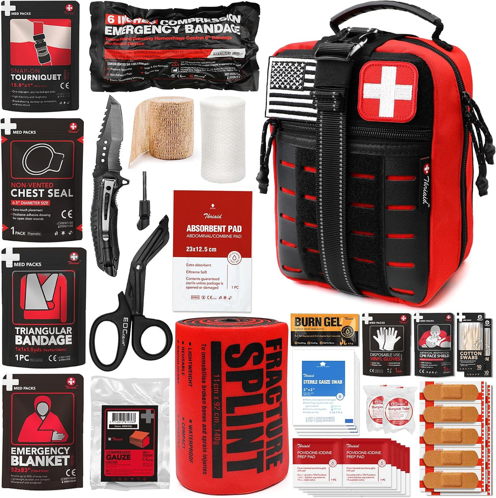Survival First Aid Kit with Israeli-Style Bandage, Splint, Chest Seal for Tac...