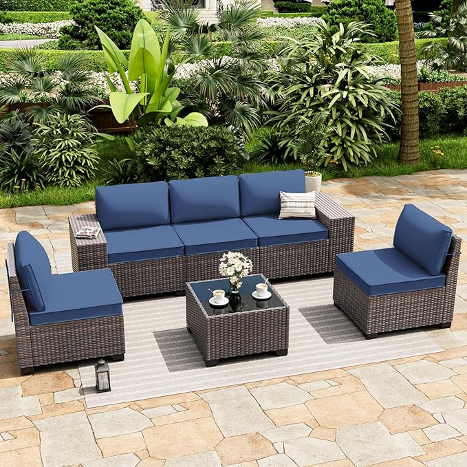 ALAULM 6 Pieces Patio Furniture Set, Oversized Seat/Armrest and High Back Wic...