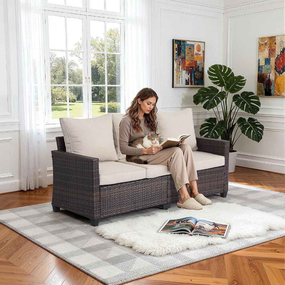 EortheX 3-Seat Rattan Wicker Outdoor Patio Sofa Garden Deck Porch, Beige