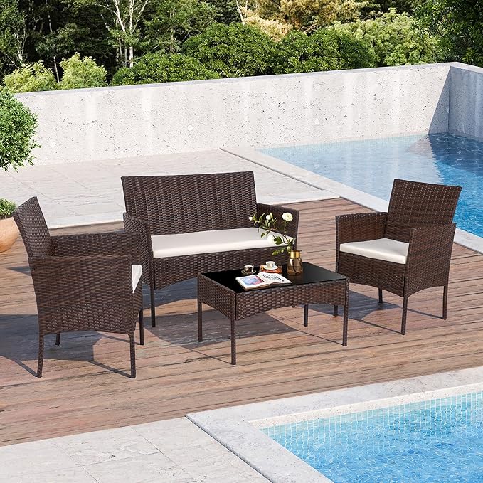 Shintenchi 4 Piece Outdoor Patio Furniture Set, Wicker Rattan Patio Conversat...
