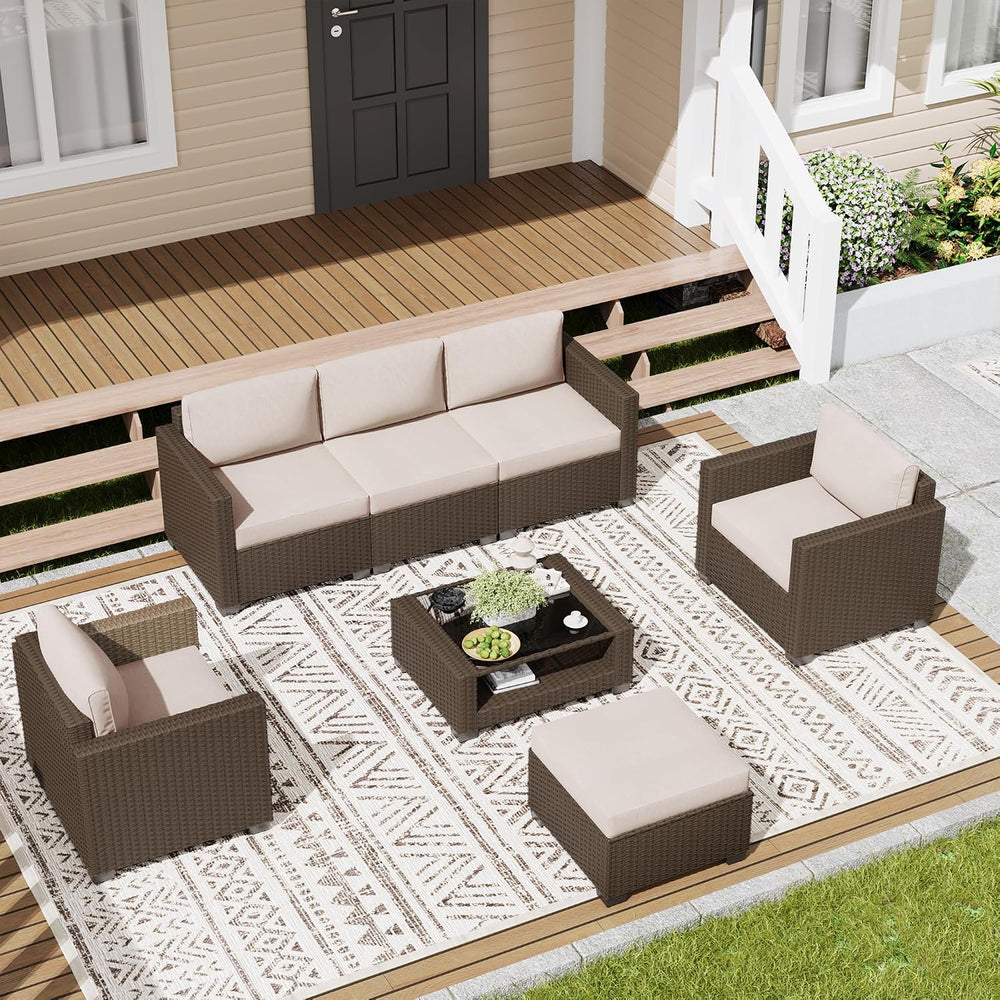 LOUVIXA 7 Piece Outdoor Patio Furniture Set, Rattan Chairs Glass Table Wicker...