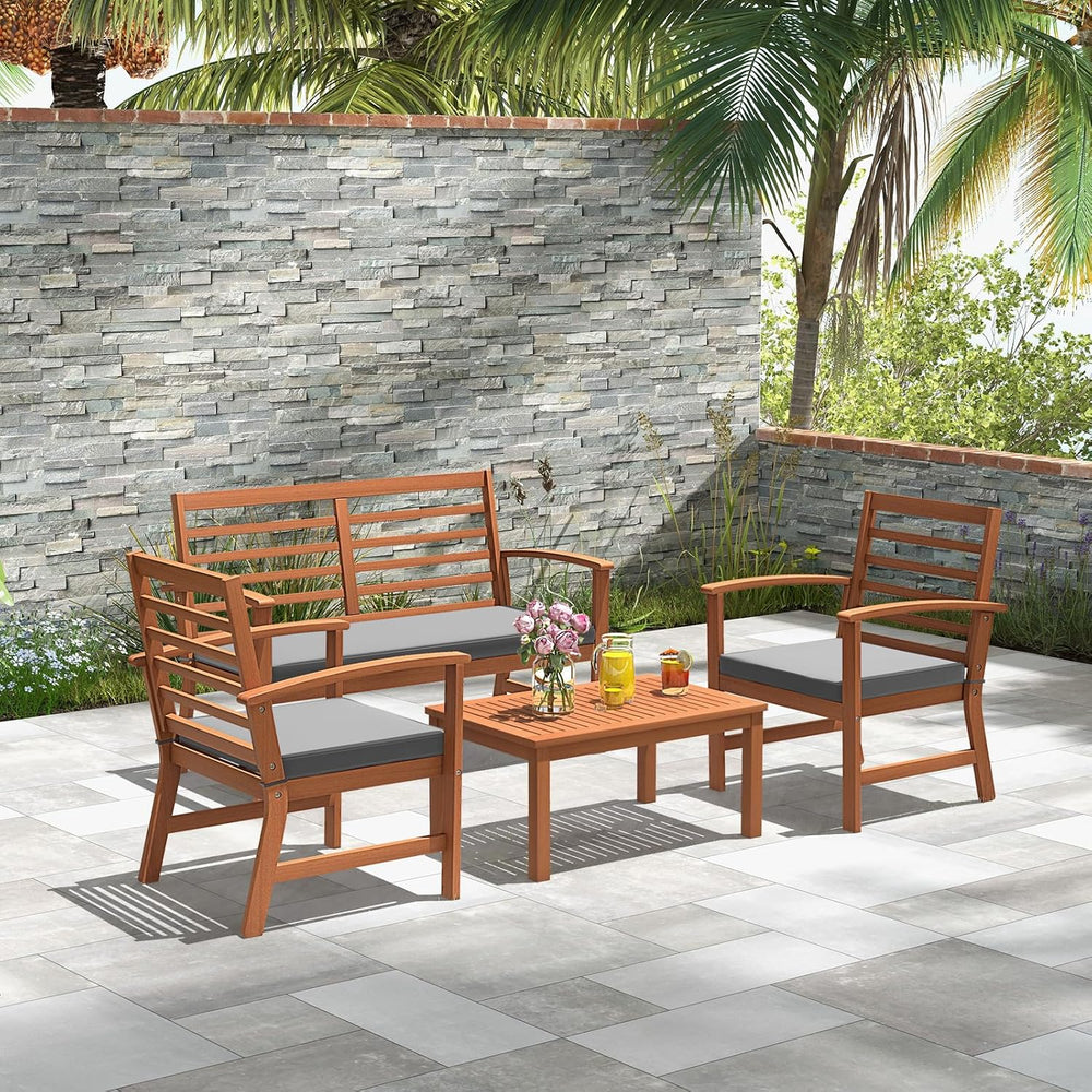 Tangkula 4 Pieces Outdoor Furniture Set, Acacia Wood Conversation Set w/Soft ...
