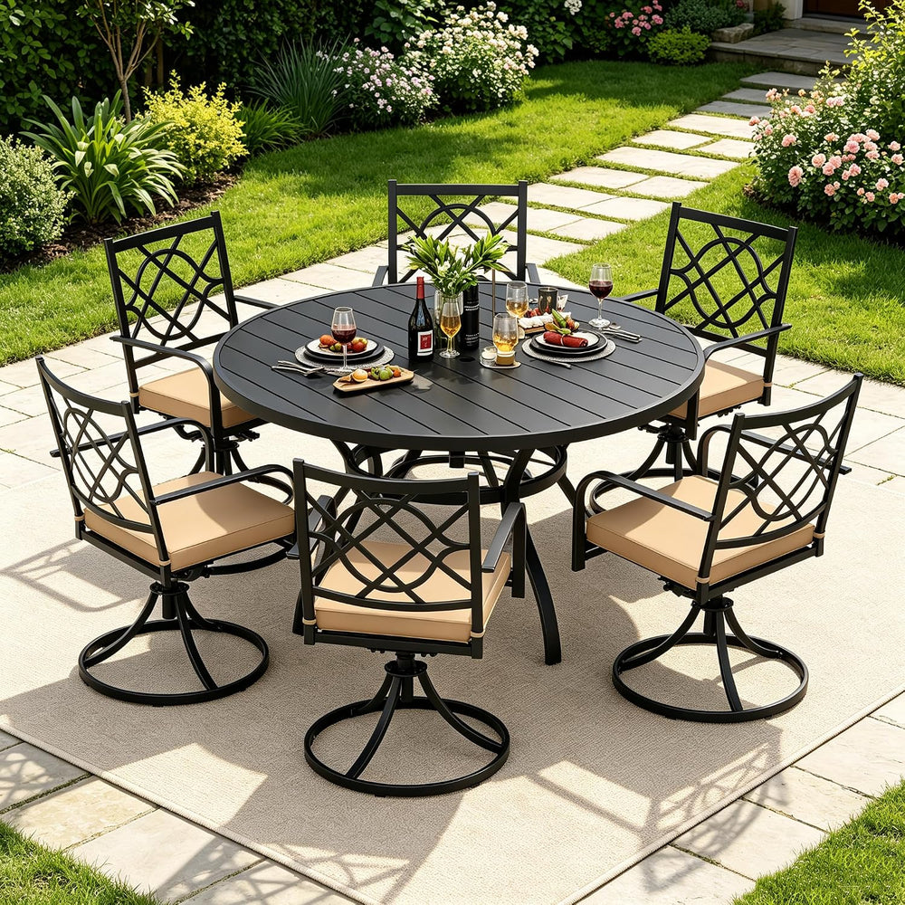 7-Piece Outdoor Dining Set Metal Swivel Cushioned Chairs Patio Furniture Sets...