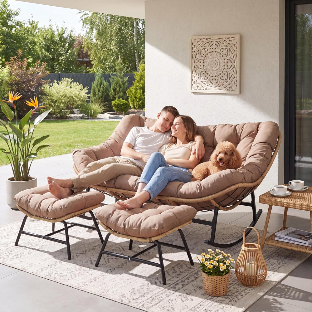 RADIATA Double Papasan Rocking Chair with Ottomans, Oversized Egg Chairs