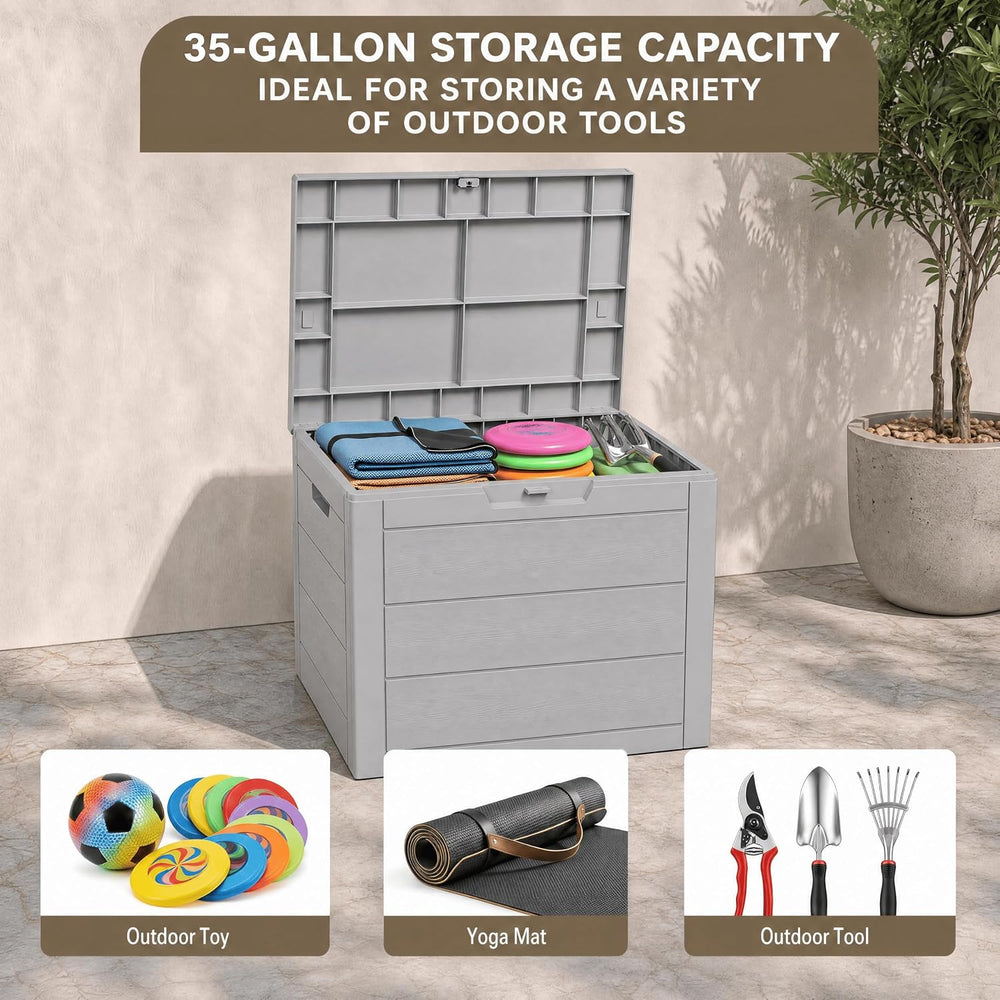 35 Gallon Outdoor Storage Box Waterproof, Deck Boxes Outdoor, Grey