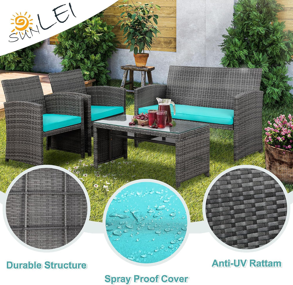 SUNLEI 4-Piece Outdoor Patio Furniture Set, Rattan Chair Wicker Conversation ...