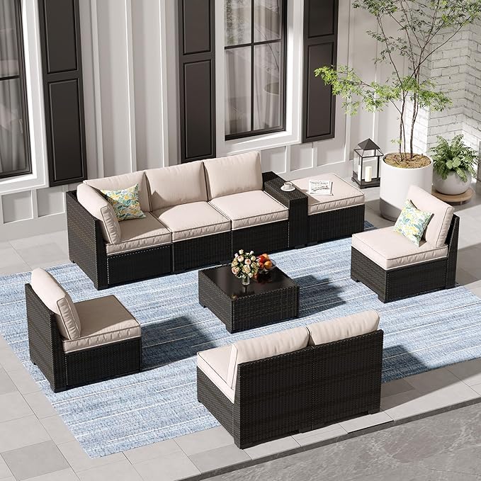 Jing's Villa 9-Piece Patio Furniture Set, All-Weather Outdoor Wicker Sect...