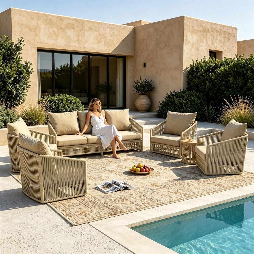 Pia Ricco 7 Pieces Patio Furniture Set, PE Wicker Rope Outdoor Sofa with Swiv...