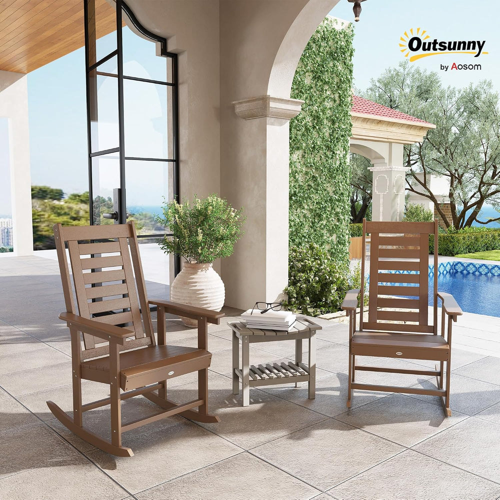 Outsunny Outdoor Rocking Chairs Set of 2 HDPE Patio 28" High Back Brown