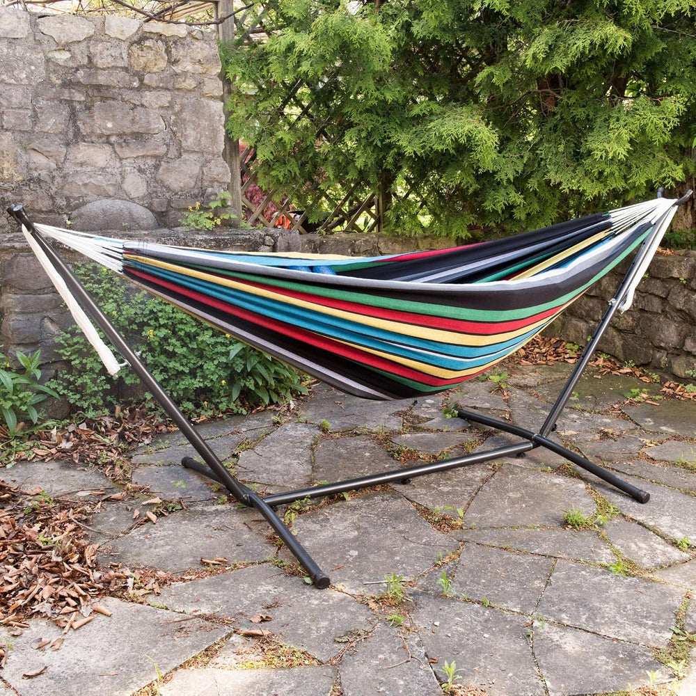 Vivere Double Cotton Hammock with Space Saving Steel Stand, Upgraded Polyeste...