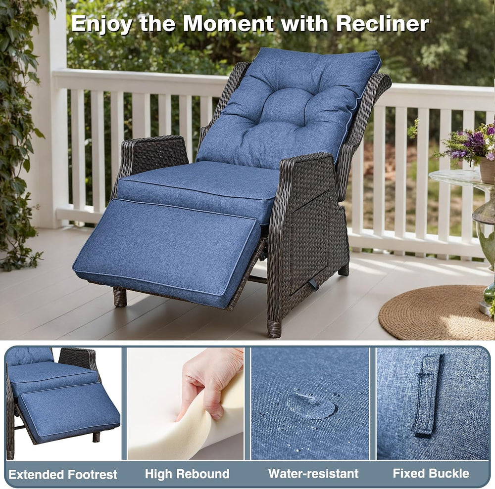 Outdoor Wicker Recliner with Adjustable Back and Footrest,Navy