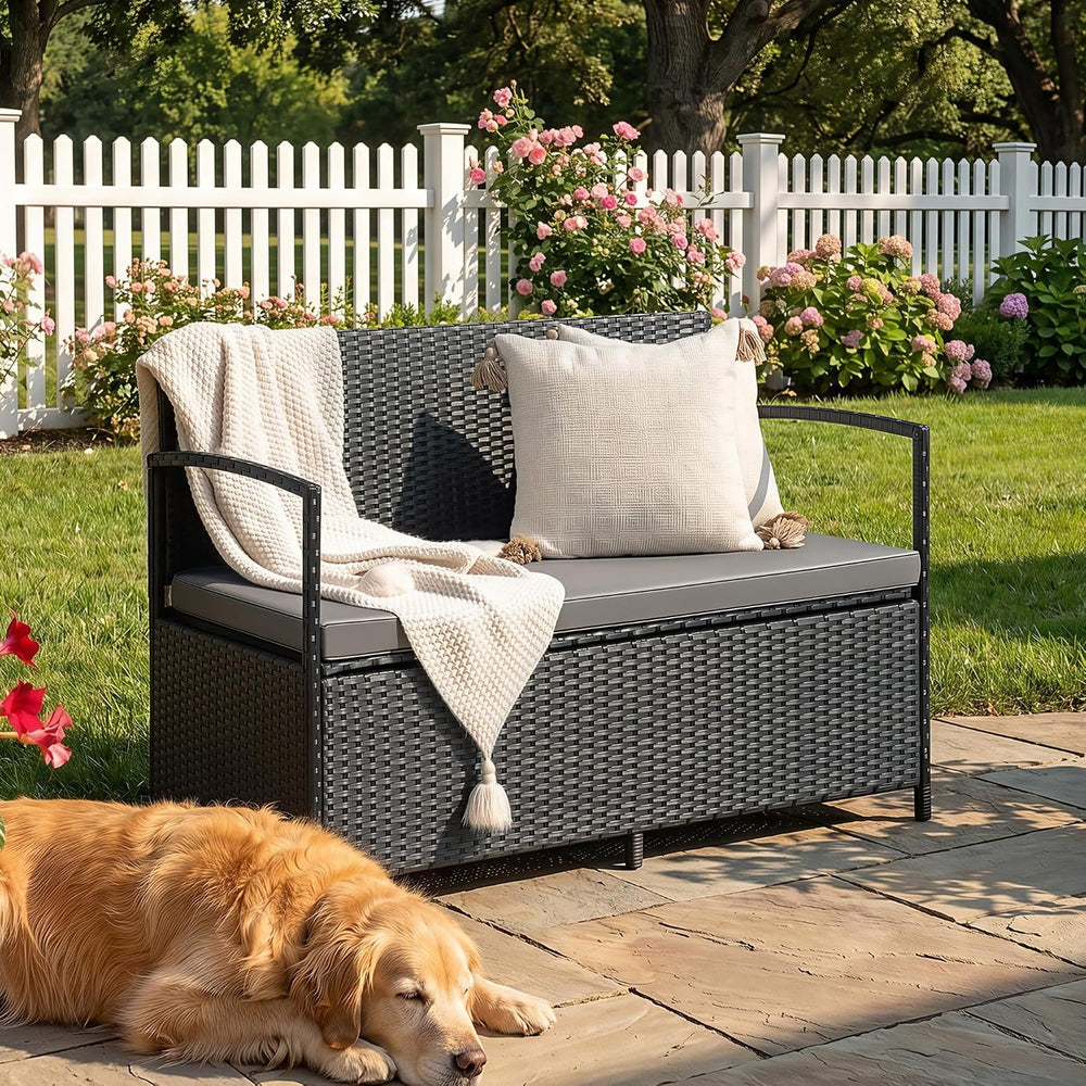 Flamaker Patio Loveseat Wicker Outdoor Furniture Storage Bench, Black