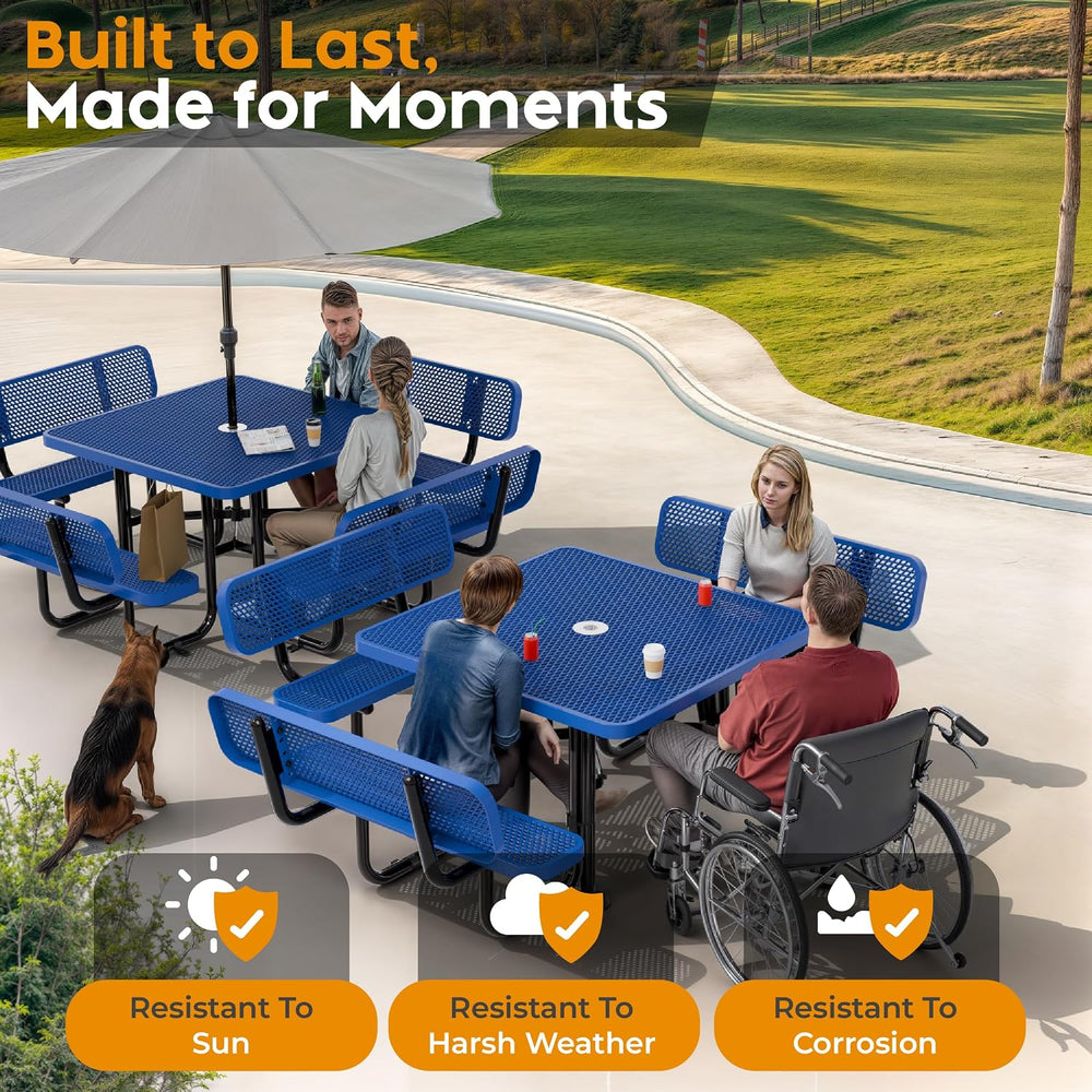 Metal Picnic Table (Blue, 46 in Square with Back, Expanded Steel)