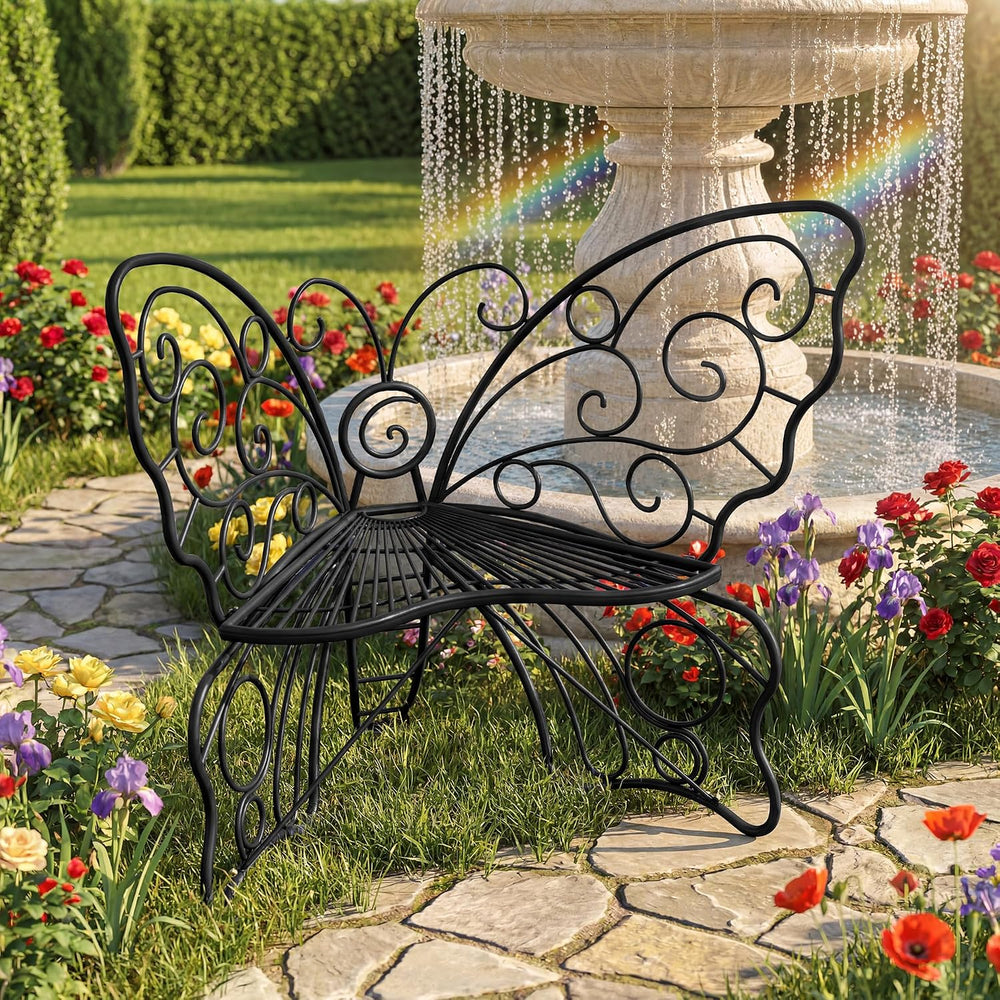 36 Inch Small Butterfly Bench, Cute Metal Outdoor Benches, Black