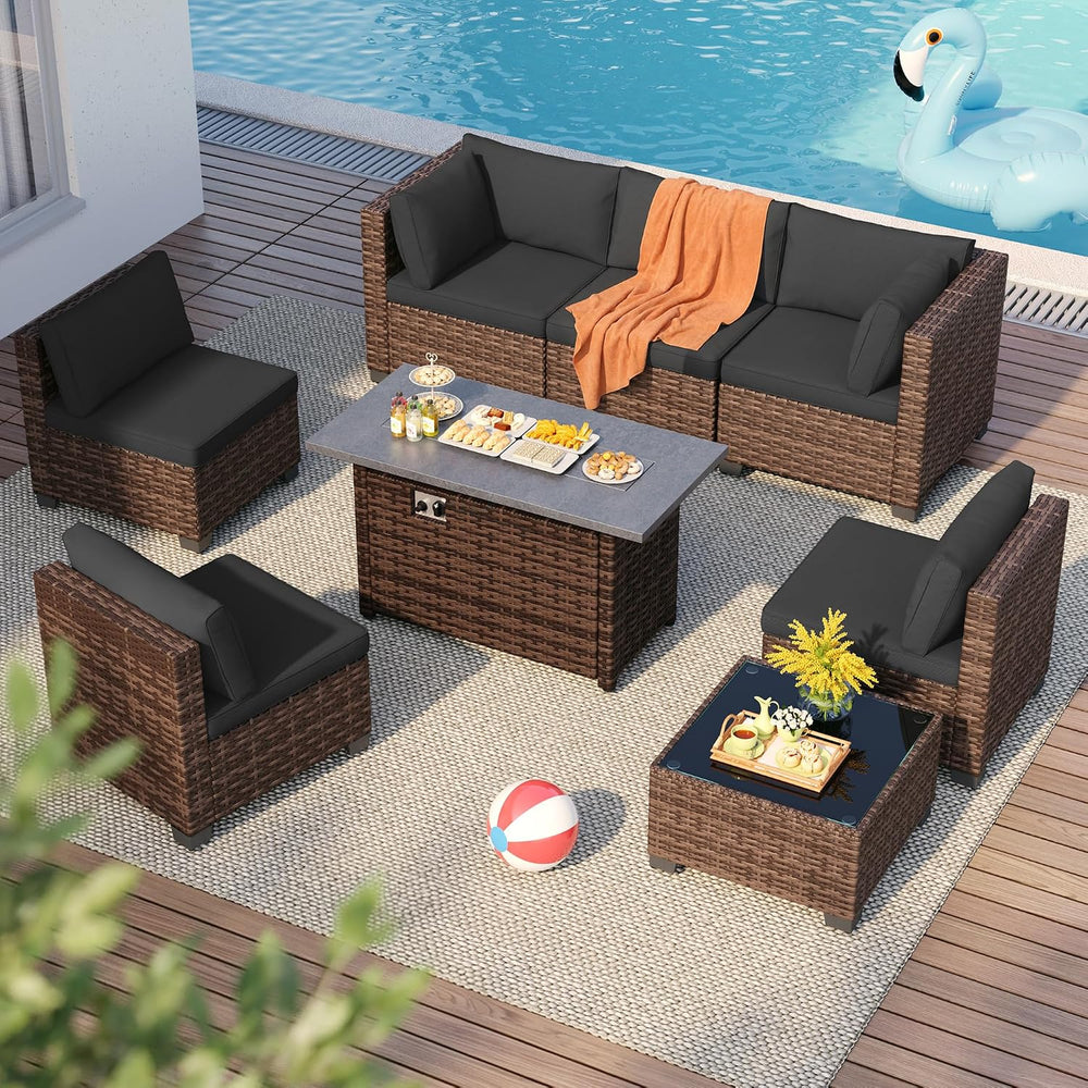Qsun 8 Pieces Outdoor Patio Furniture Set with 44.9" Fire Pit Table, All...