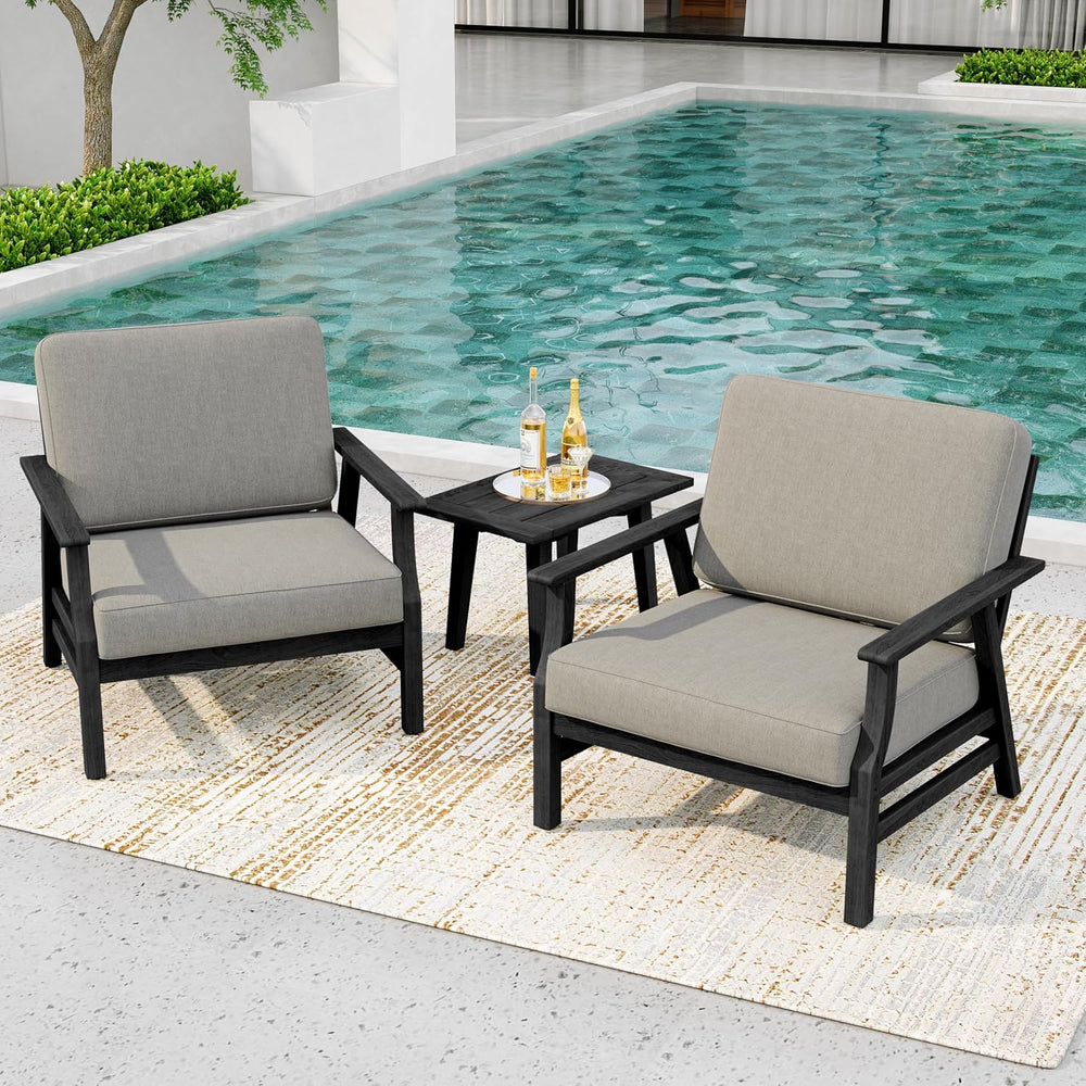 3 Piece Wood Patio Chair Outdoor Bistro Set, Outdoor Armchair All Weather Pat...