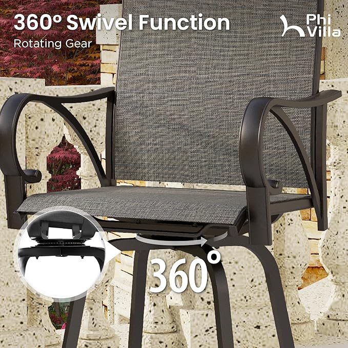 PHI VILLA Outdoor Bar Stools Swivel Set of 2, Outdoor Bar Height Tall Patio C...