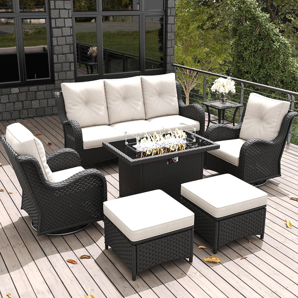 LayinSun 7 Pieces Outdoor Patio Furniture Set with Fire Pit Table, Rattan Wic...