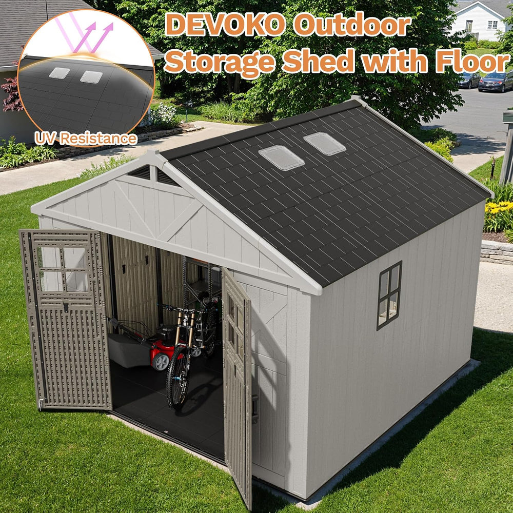 Devoko 10x10 FT Resin Storage Shed with Floor, Large Outdoor Plastic Sheds