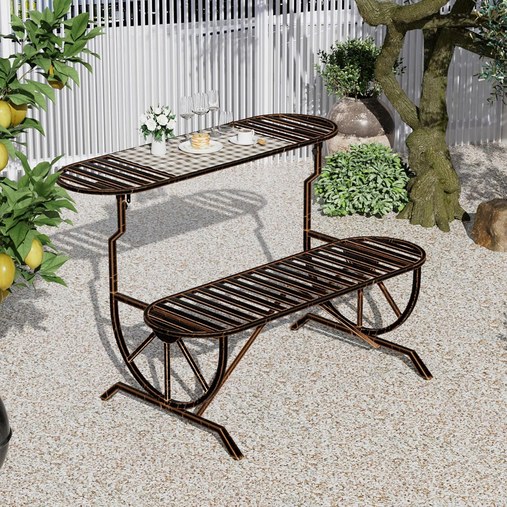 Outdoor Convertible Bench, Patio Garden Bench with Wagon Wheel Arms, Cast Iro...
