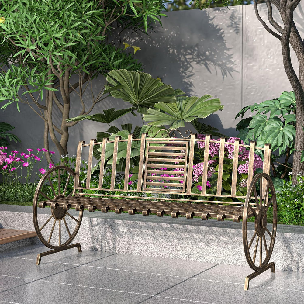 Outdoor Bench Patio Outdoor Garden Bench with Built-in Table, Wagon Wheel Arm...