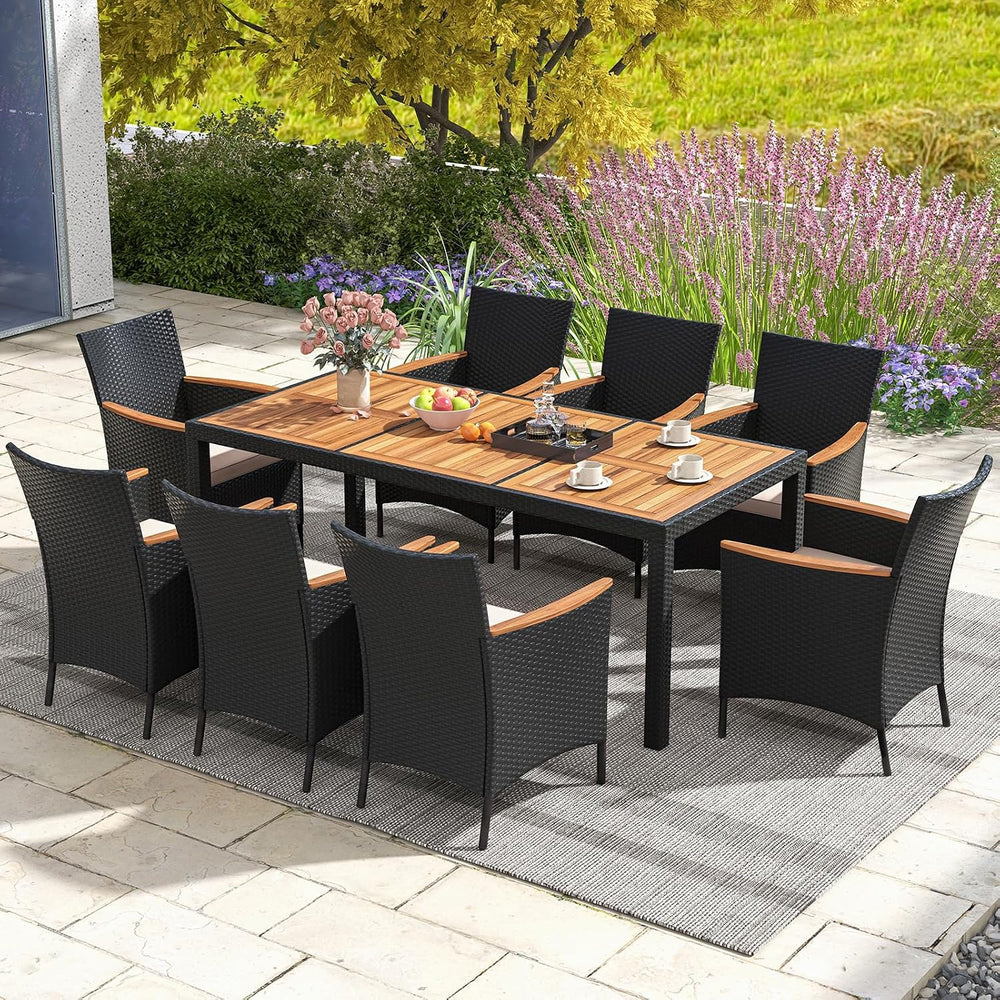 Tangkula 9 Pieces Rattan Outdoor Dining Set for 8, Outdoor Acacia Wood Table ...