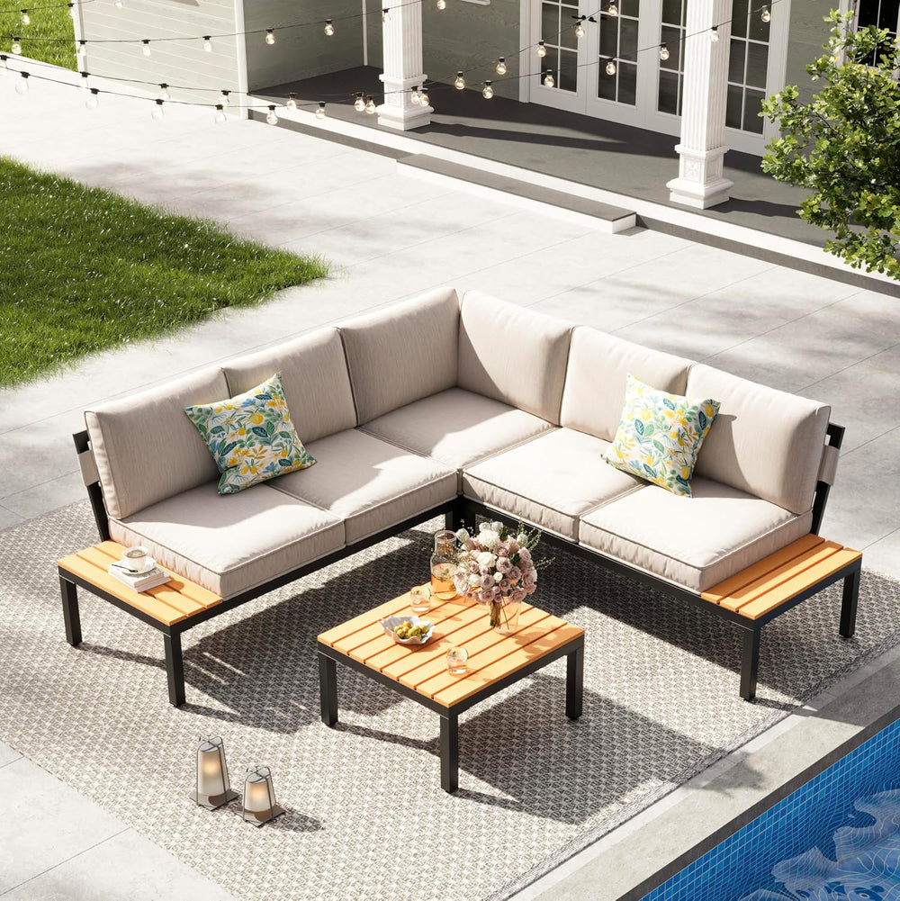 JOYURE 4-Piece Patio Furniture Set,Metal Outdoor Sectional Sofa with 3 Fauxwo...