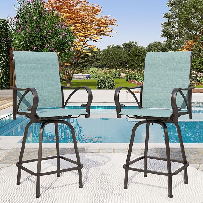 PHI VILLA Outdoor Bar Stools Set of 2, Swivel Patio Bar Stools & Chairs w...