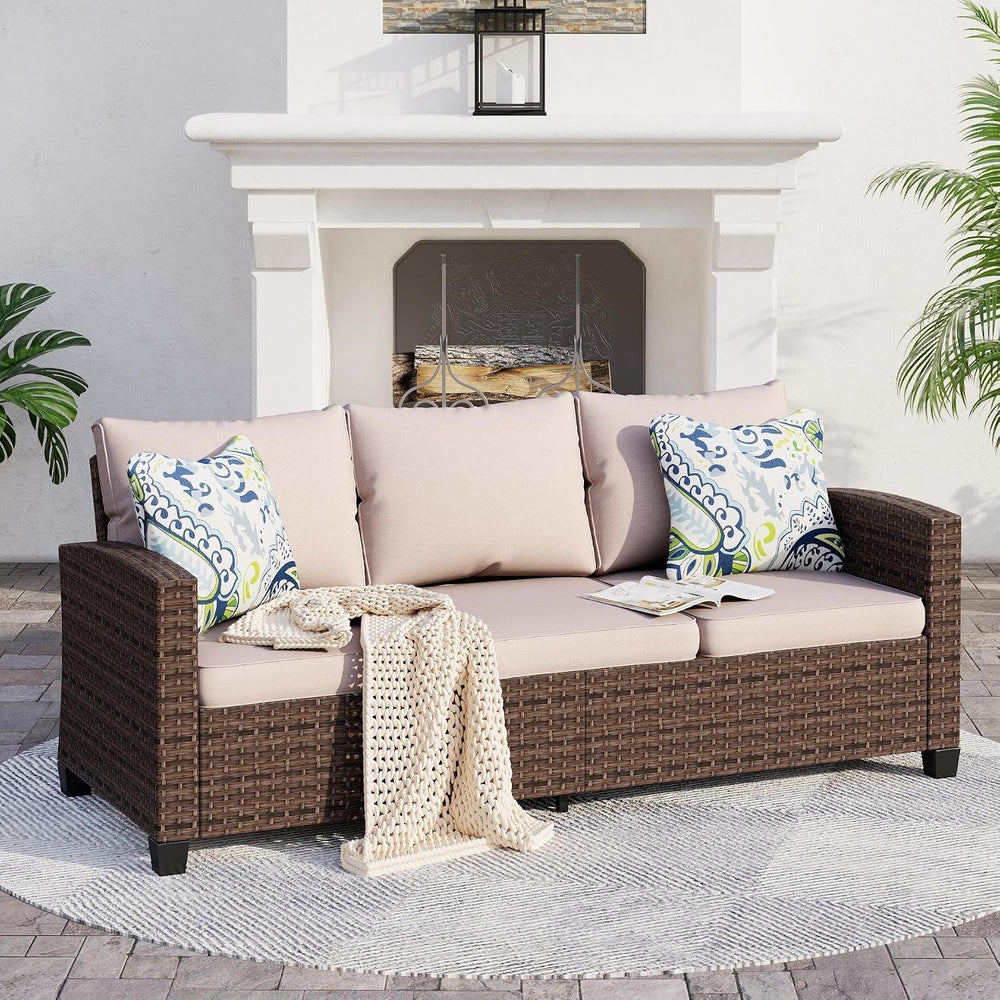 3-Seat Wicker Patio Sofa, 4" Thick Cushions, Brown/Beige