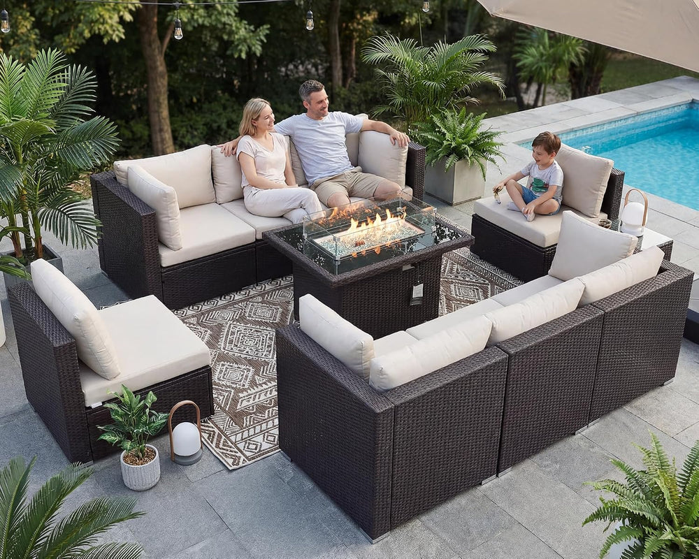 BULEXYARD 9 Piece Outdoor Patio Set with Fire Pit, Brown & Beige